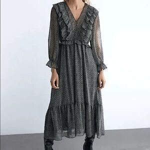 Zara Women's Ruffle Metallic Printed Midi Dress Size Medium